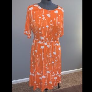 Bright orange white flower knee length dress